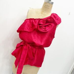 New York & Company One Shoulder Ruffle Top in Bright Pink with Rosette.